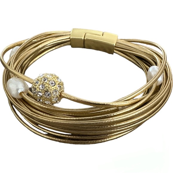 Multiple Gold Leather Pearl/Diamond Bead/Beaded Magnetic Clasp Bracelet - Picture 2 of 7